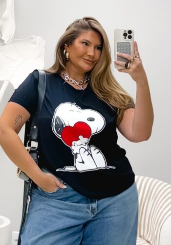 Blusa T-Shirt Feminina Plus Size Manga Curta Ref SNOOPY-001 Preto