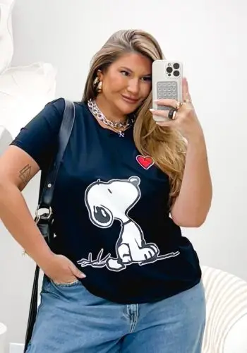 Blusa T-Shirt Feminina Plus Size Manga Curta Preto SNOOPY-002