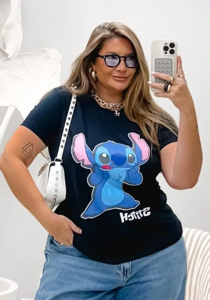 Blusa T-Shirt Feminina Plus Size Manga Curta STITCH-004 Preto - 46