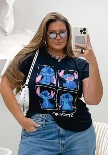 Blusa T-shirt Feminina Plus Size Viscolycra Manga Curta Disney Stitch Mood