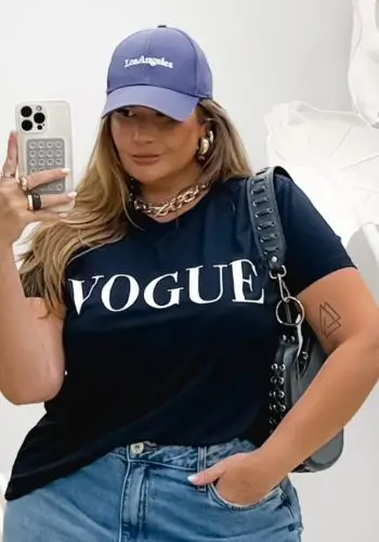 Blusa T-shirt Feminina Plus Size Manga Curta Ref Vogue Preto