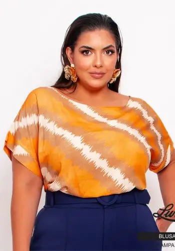 Blusa Feminina Plus Size Manga Curta Ref 11925 Estampa Laranja - 46