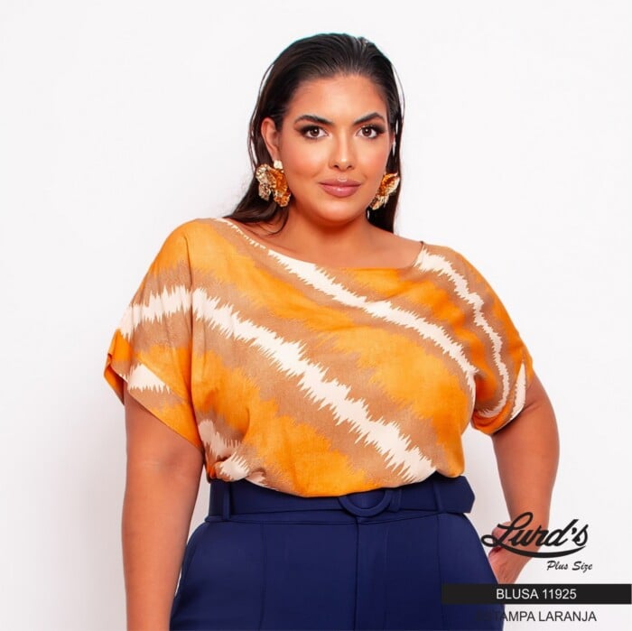 Blusa Feminina Plus Size Manga Curta Ref 11925 Estampa Laranja - 48