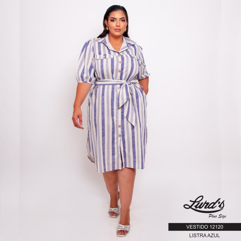 Vestido Plus Size Manga Curta Ref 12120 Listra Azul - 46