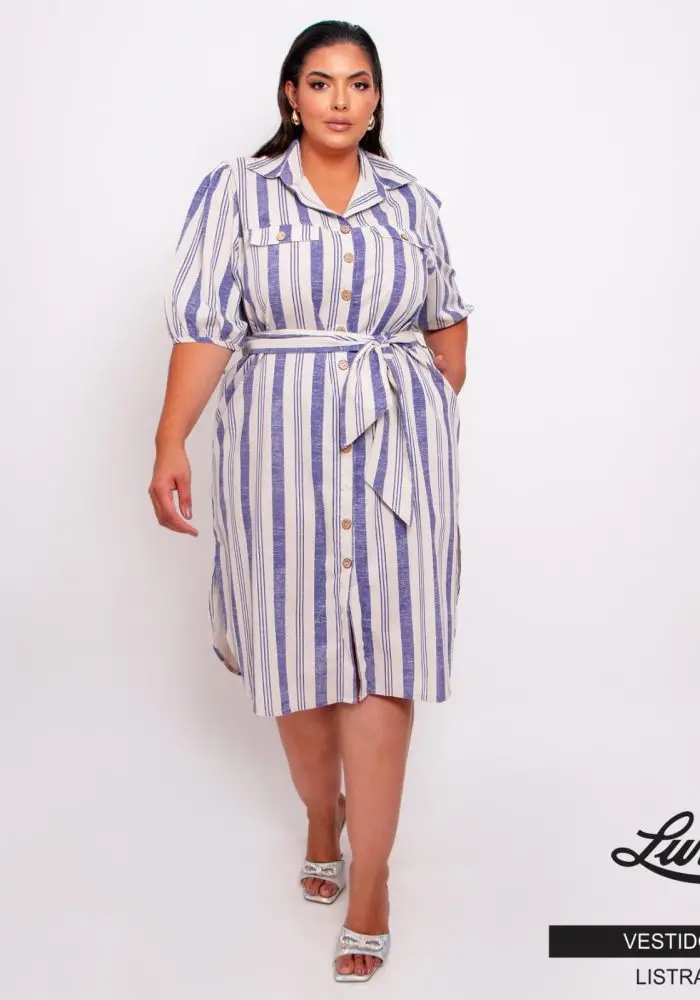Vestido Plus Size Manga Curta Ref 12120 Listra Azul