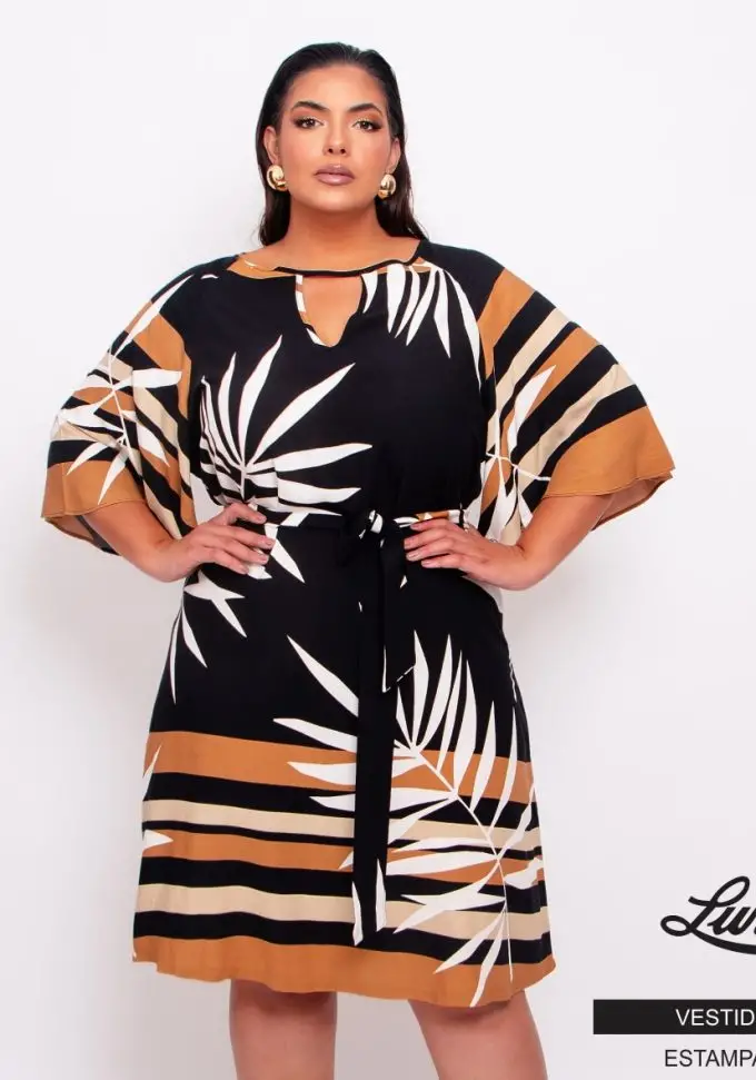 Vestido Plus Size Manga Curta Ref 12171 Estampa Preto - 50