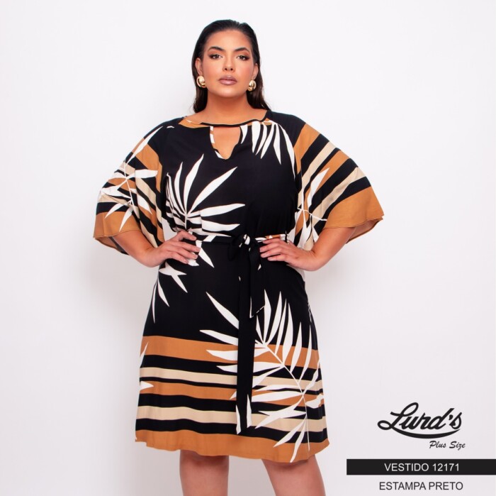 Vestido Plus Size Manga Curta Ref 12171 Estampa Preto - 52