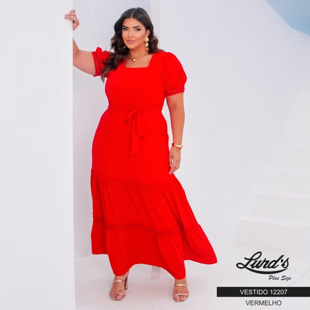 Vestido Longo Plus Size Manga Curta Ref 12207 Vermelho - 50