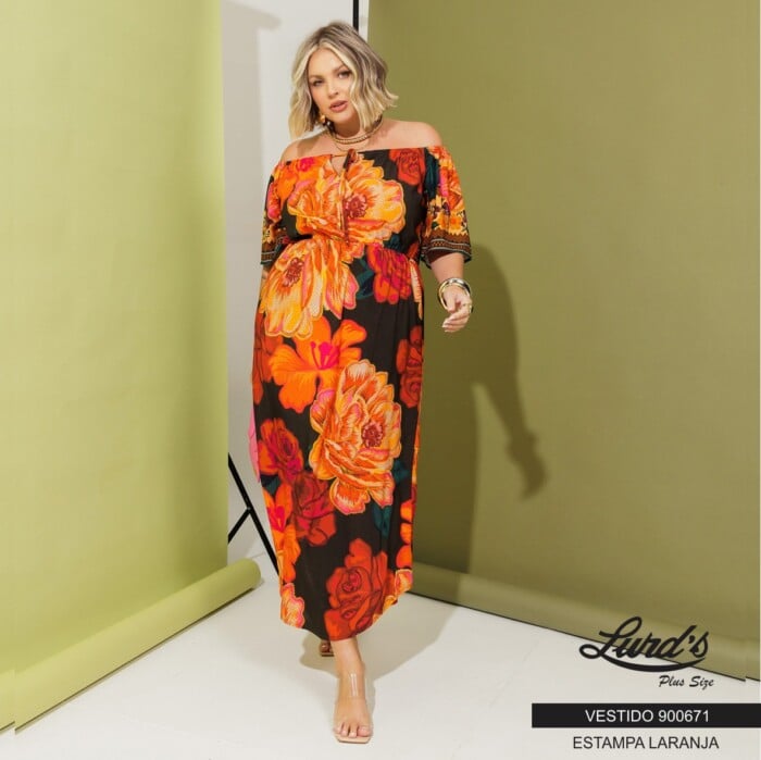Vestido Mid Plus SIze Manga Curta Ref 900671 Estampa Laranja - 52