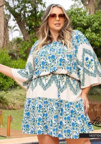 Vestido Plus Size Manga Curta Ref 900672 Estampa Azul