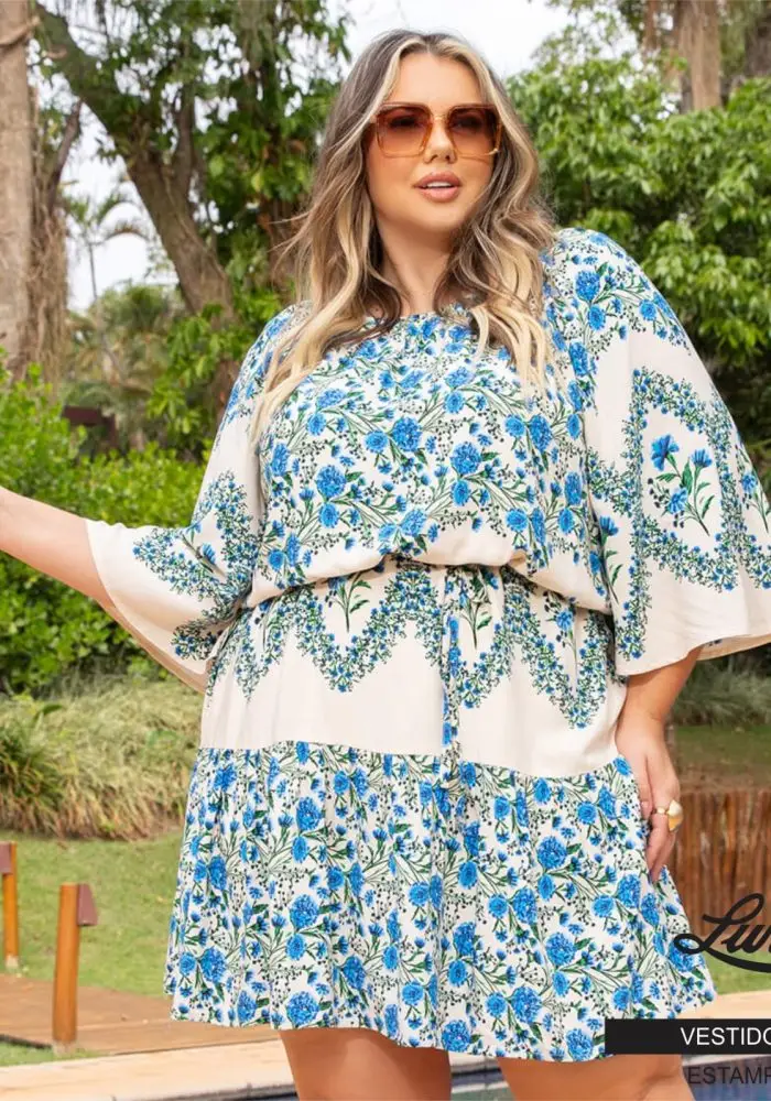 Vestido Plus Size Manga Curta Ref 900672 Estampa Azul - 48