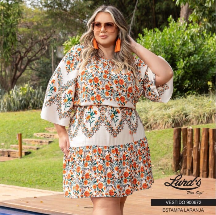 Vestido Plus Size Manga Curta Ref 900672 Estampa Laranja - 50