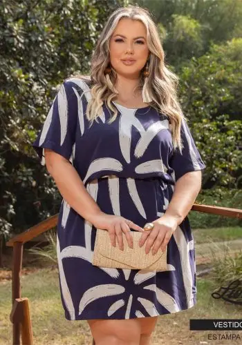 Vestido Plus Size Manga Curta 900708 Estampa Marinho - 46