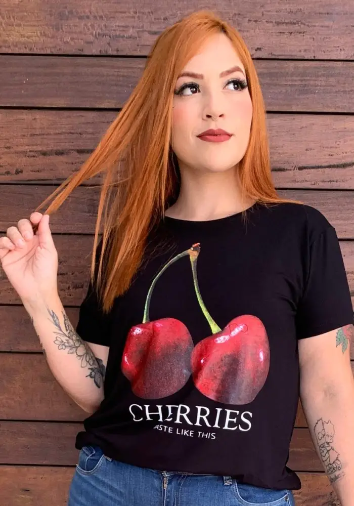T-Shirt Blusa Feminina Plus Size Manga Curta Ref CHERRIES Preto - 60