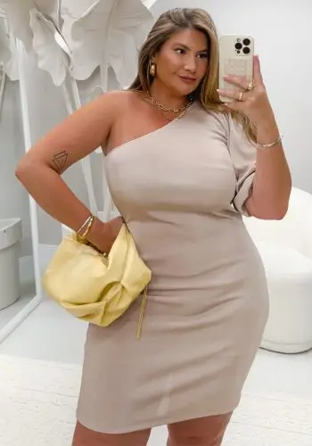 Vestido Plus Size Manga Curta Ref 12144 Bege