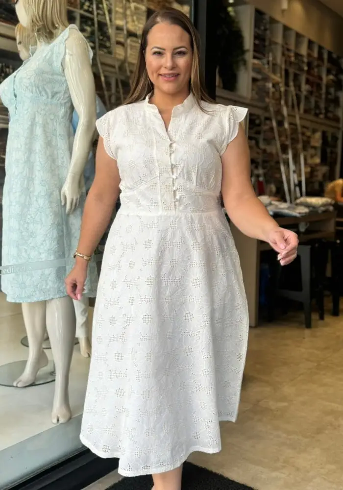 Vestido Mid Plus Size Manga Curta Ref 12224 Off White - 46