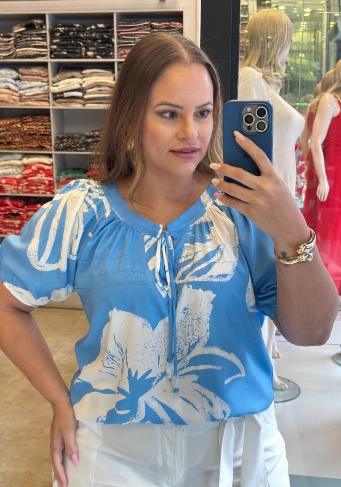 Blusa Feminina Plus Size Manga Curta Ref 12248 Estampa Azul - 54