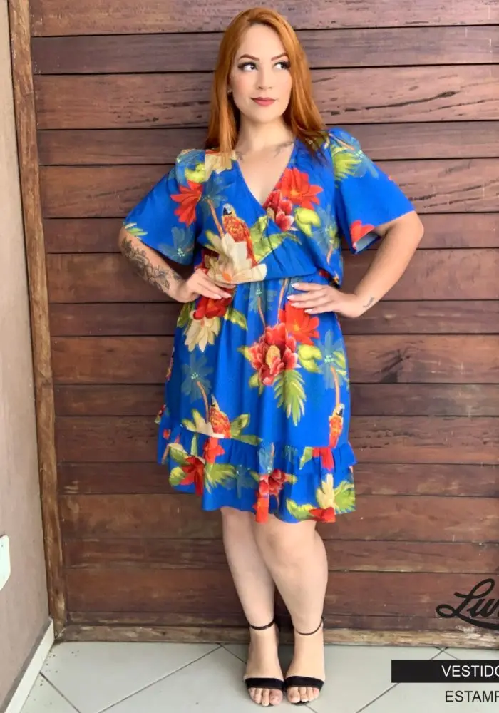 Vestido Plus Size Manga Curta Ref 206651 Estampa Azul