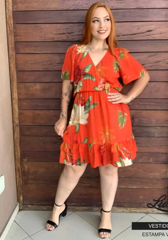 Vestido Plus Size Manga Curta Ref 206651 Estampa Vermelho - 48