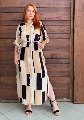 Vestido Mid Plus Size Manga Curta Ref 206681 Estampa Bege