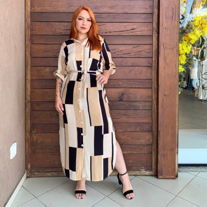 Vestido Mid Plus Size Manga Curta Ref 206681 Estampa Bege - 58
