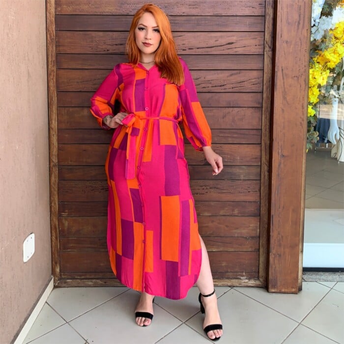 Vestido Mid Plus Size Manga Curta Ref 206681 Estampa Pink - 58