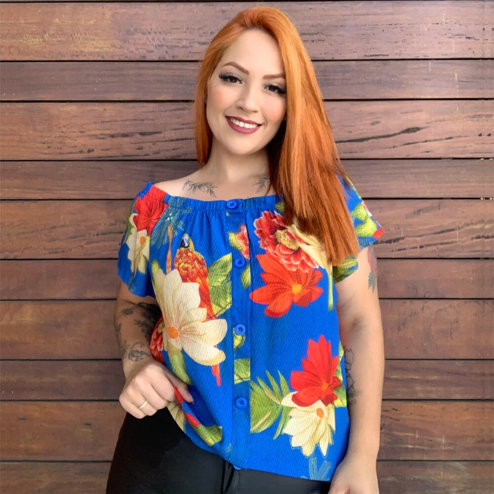 Blusa Feminina Plus Size Manga Curta Ref 222994 Estampa Azul - 48