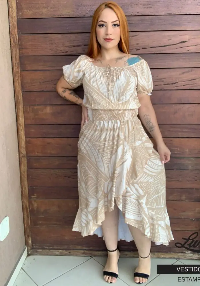 Vestido Mid Plus Size Manga Curta Ref 223059 Estampa Bege - 46