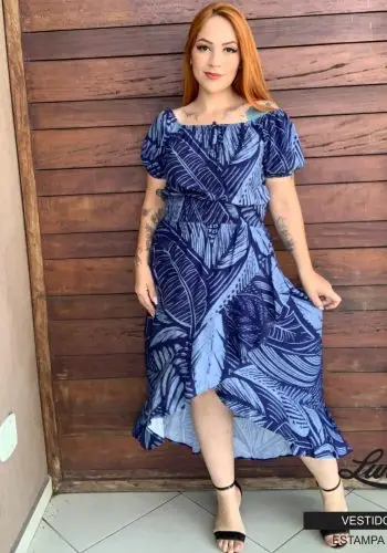Vestido Mid Plus Size Manga Curta Ref 223059 Estampa Marinho
