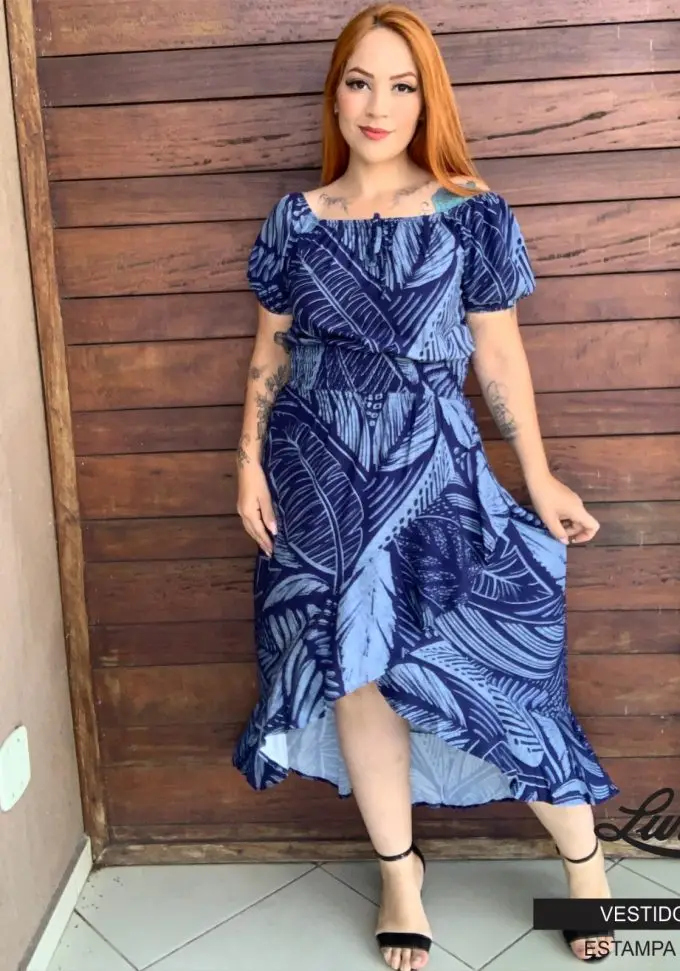 Vestido Mid Plus Size Manga Curta Ref 223059 Estampa Marinho - 46