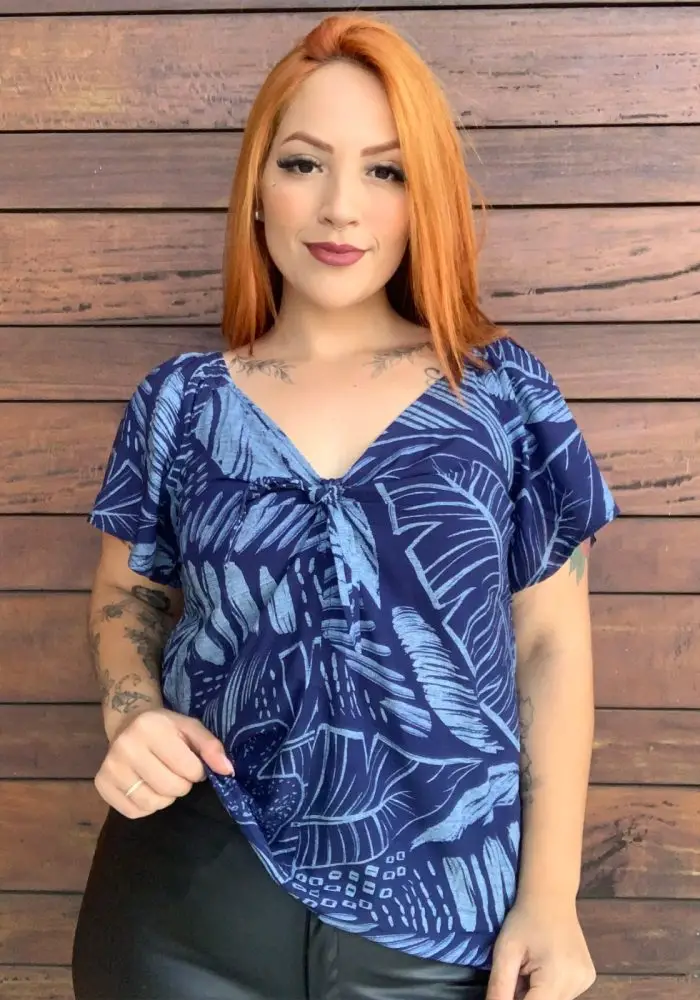Blusa Feminina Plus Size Manga Curta Ref 23216 Estampa Marinho
