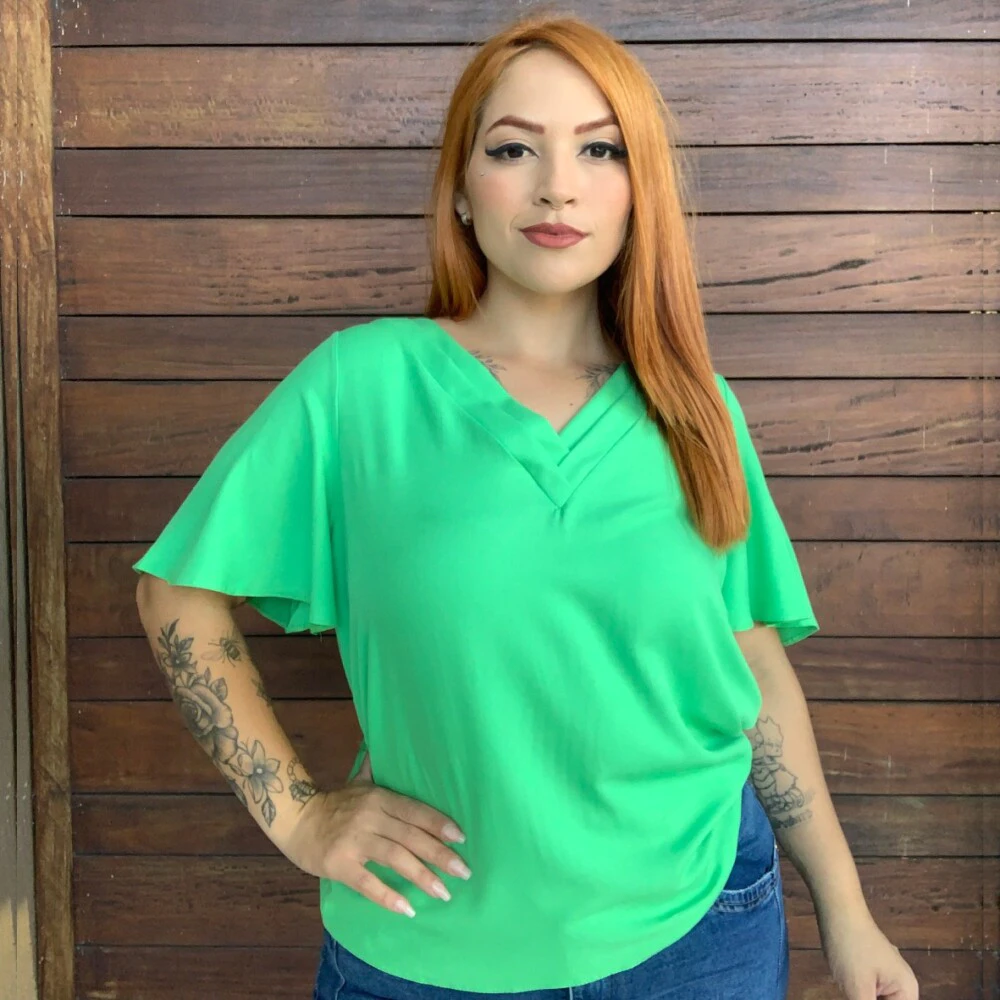 Blusa Feminina Plus Size Manga Curta Ref 26115 Verde - 54
