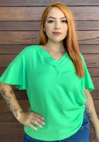Blusa Feminina Plus Size Manga Curta Ref 26115 Verde - 54