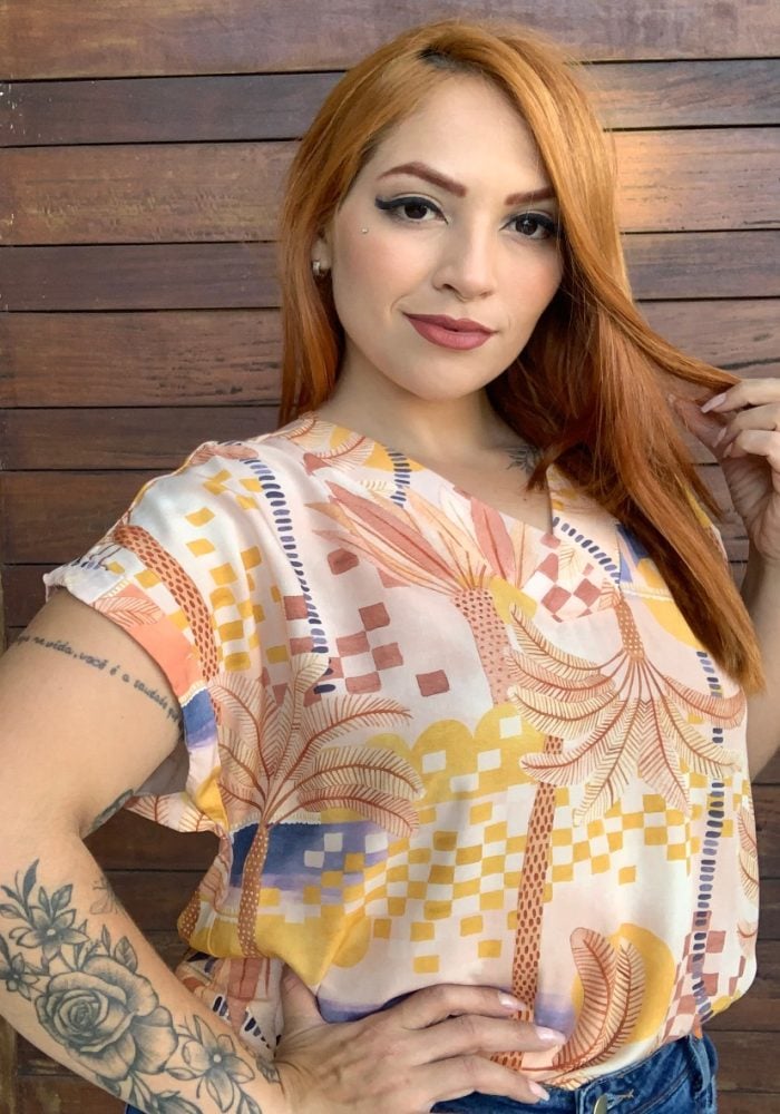 Blusa Feminina Plus Size Manga Curta Ref 26121 Salmão - 48