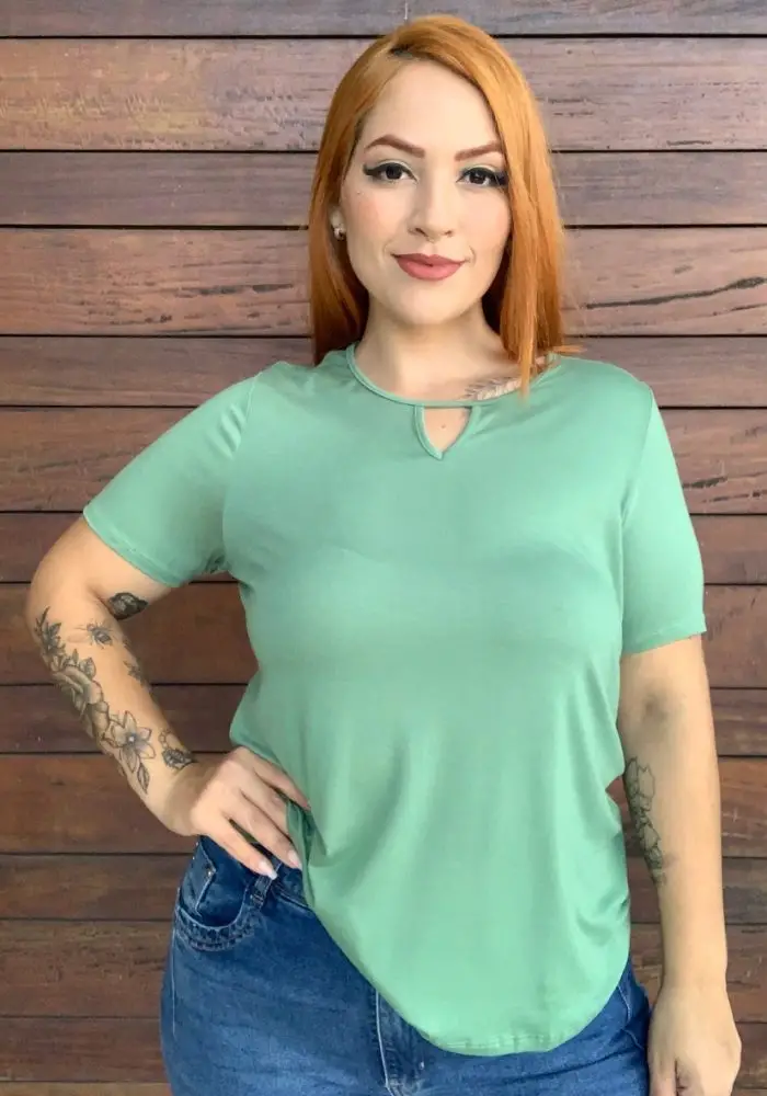 Blusa Feminina Plus Size Manga Curta Ref 35898 Verde - 46