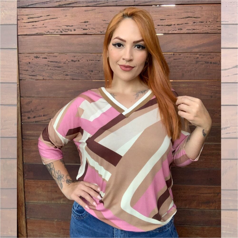 Blusa Feminina Plus Size Manga Curta 65149 Estampa Bege - 50