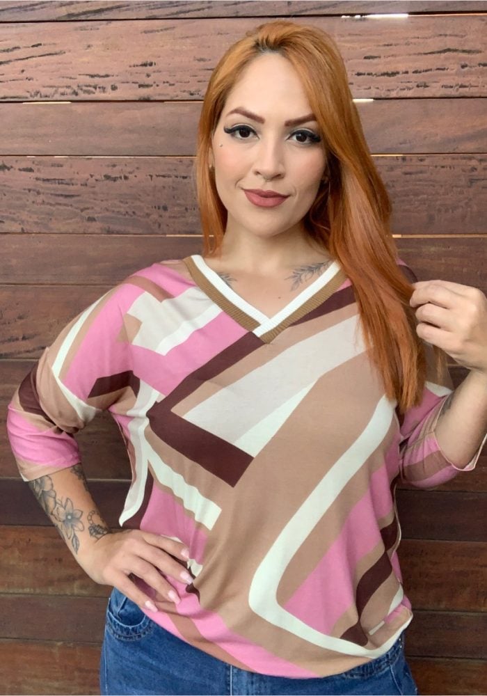 Blusa Feminina Plus Size Manga Curta 65149 Estampa Bege - 50