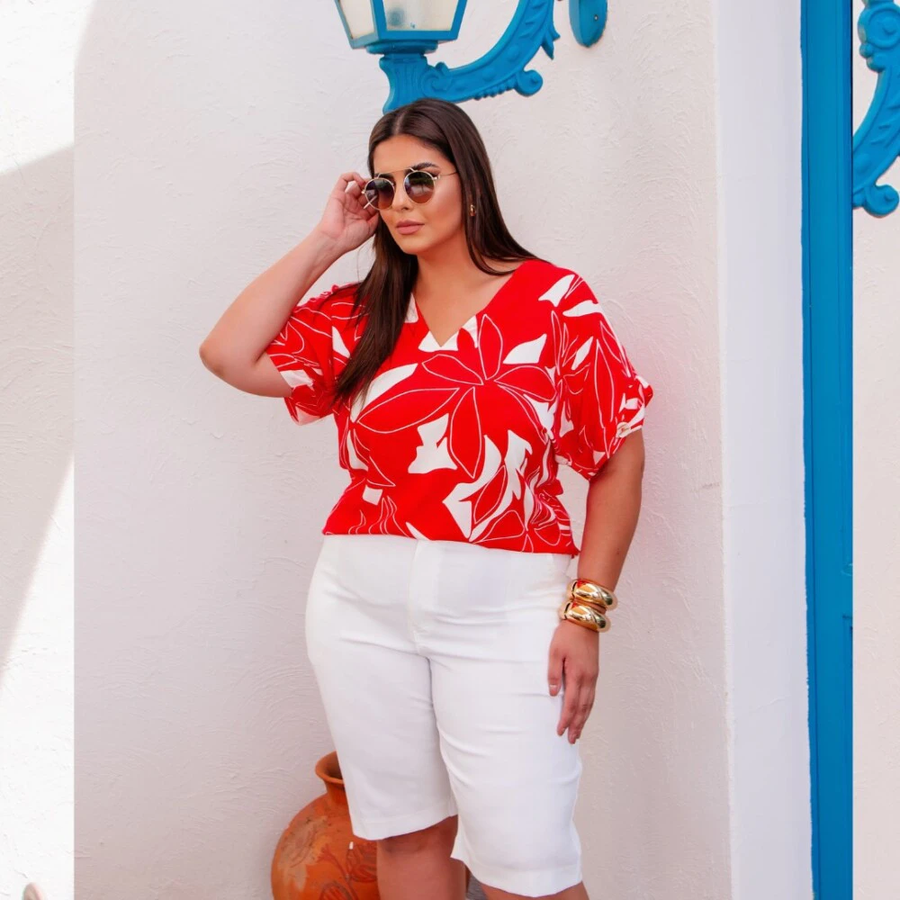 Blusa Feminina Plus Size Manga Curta Ref 12267 Estampa Vermelho - 46