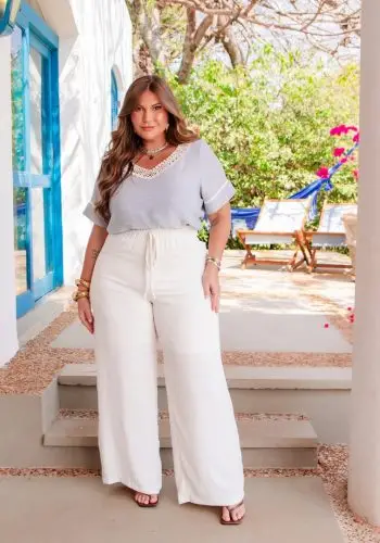Calça Pantalona Feminina Plus Size Ref 12335 Creme - 48