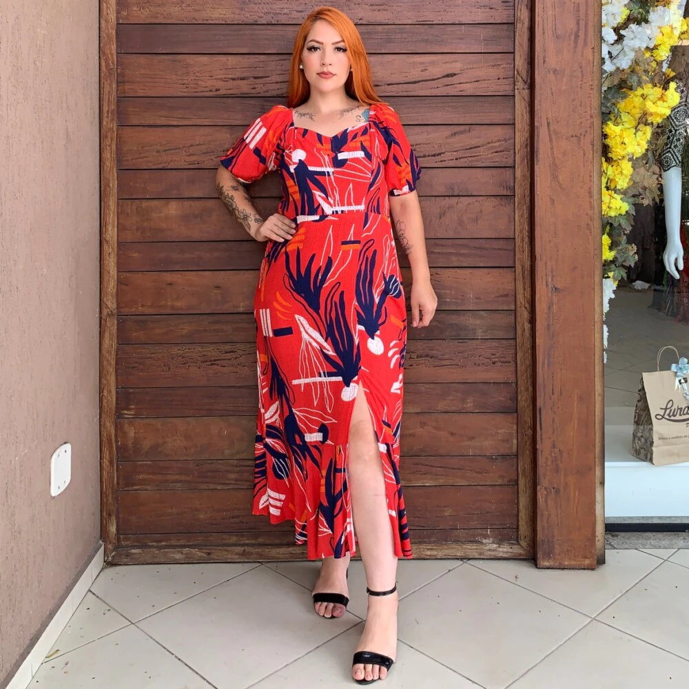 Vestido Mid Plus Size Manga Curta Ref 223075 Estampa Vermelho - 60