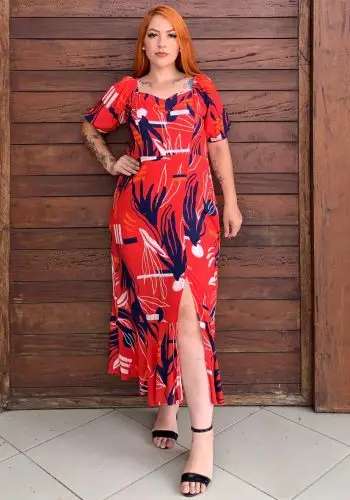Vestido Mid Plus Size Manga Curta Ref 223075 Estampa Vermelho