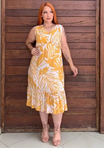Vestido Plus Size Sem Manga ref 26144 Estampa Amarelo