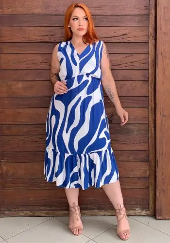 Vestido Plus Size Sem Manga Ref 26144 Estampa Azul
