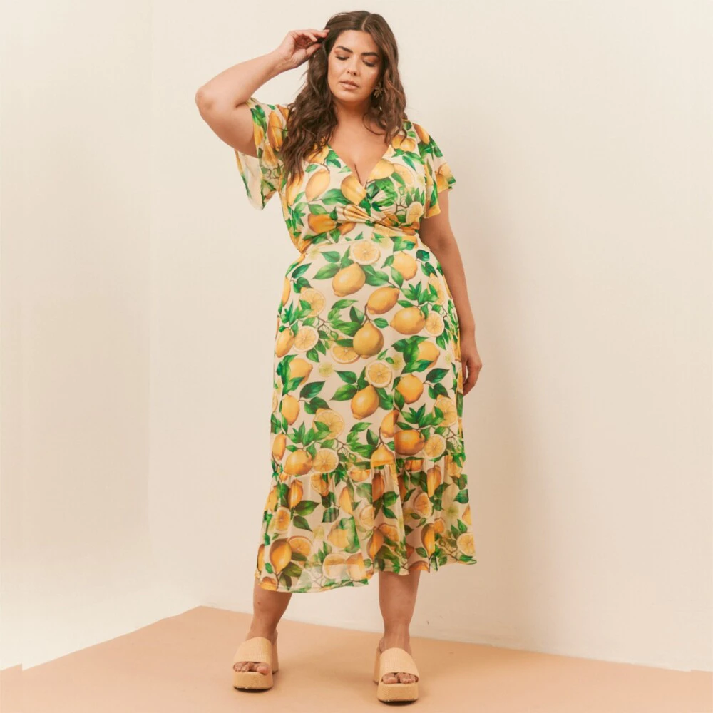 Vestido Mid Plus Size Manga Curta Ref 3977 Estampa Limão - 52