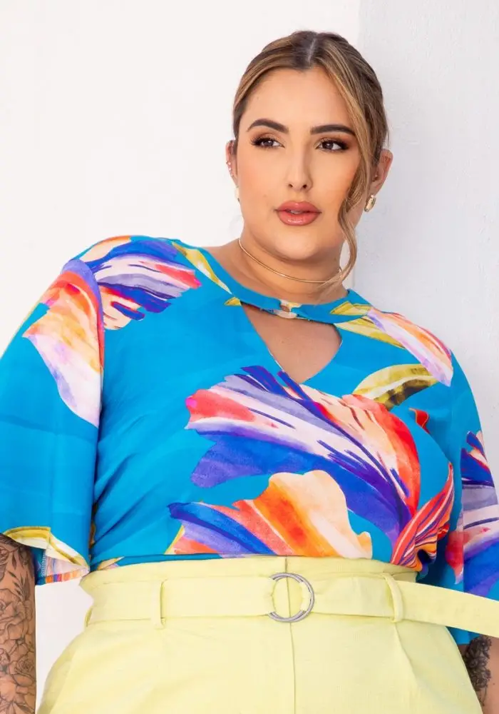Blusa Feminina Plus Size Manga Curta 700767 Azul - 48