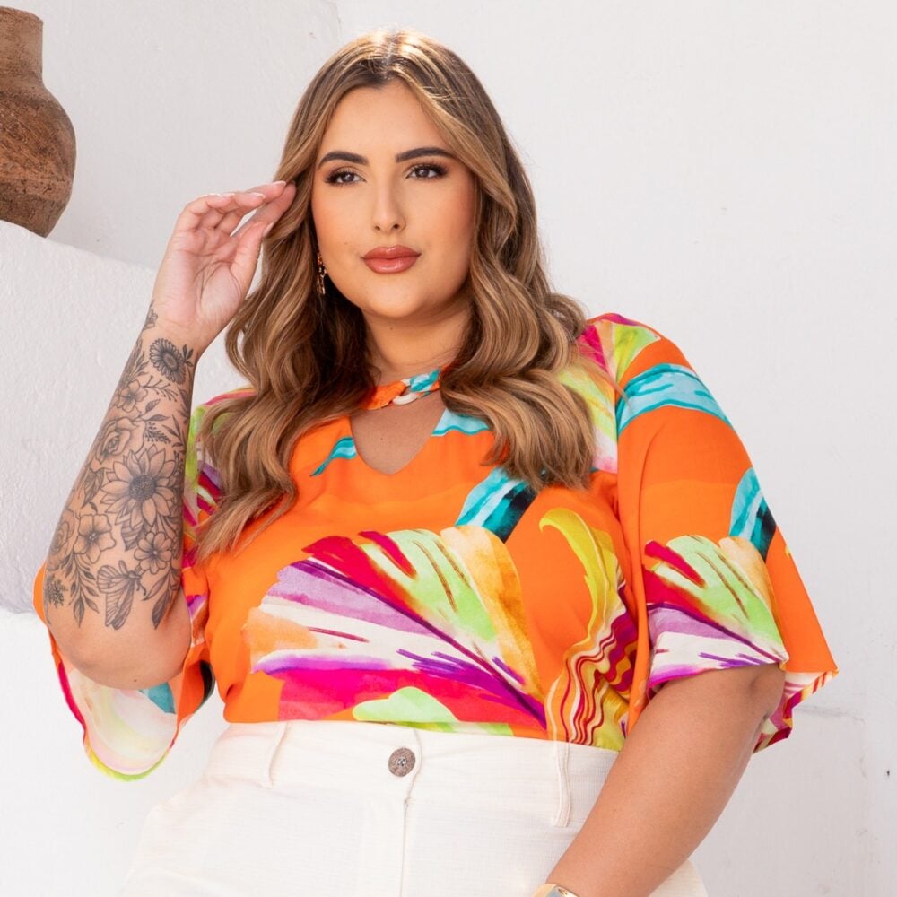 Blusa Feminina Plus Size Manga Curta 700767 Laranja - 46