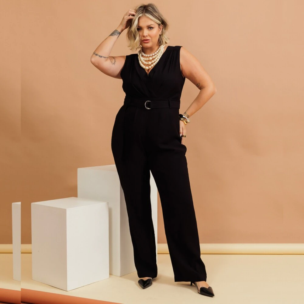 Macacão Longo Feminino Plus Size Sem Manga Ref 900706 Preto - 50