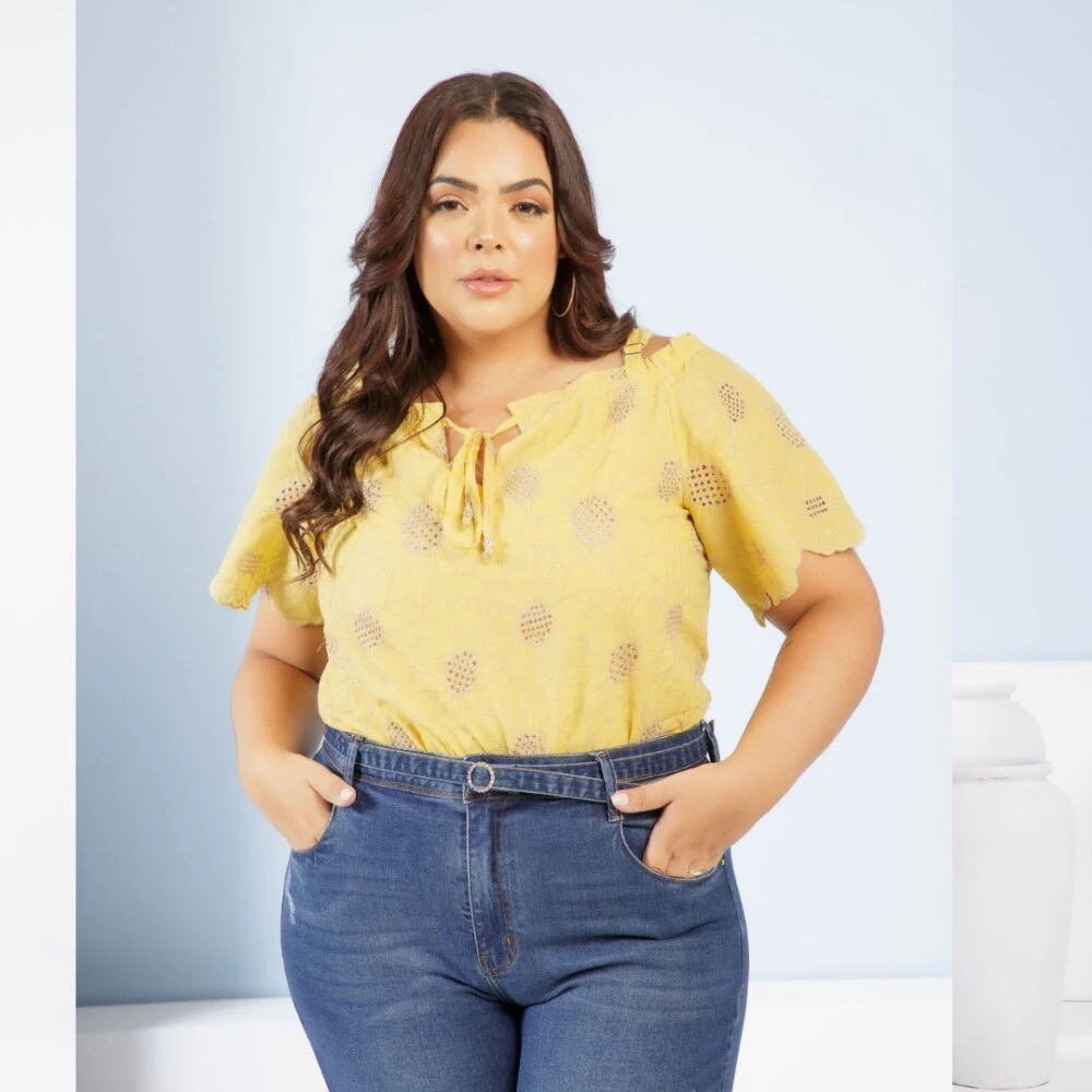 Blusa Feminina Plus Size Manga Curta Ref 15027 Amarela - 46