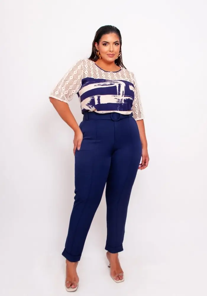 Calça Feminina Plus Size Alfaiataria Com Cinto Ref 11122 Marinho