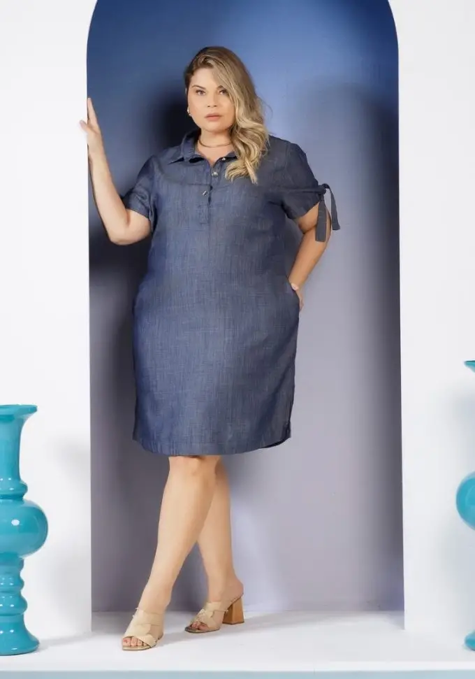 Vestido Plus Size Manga Curta Ref 13968 Jeans - 52